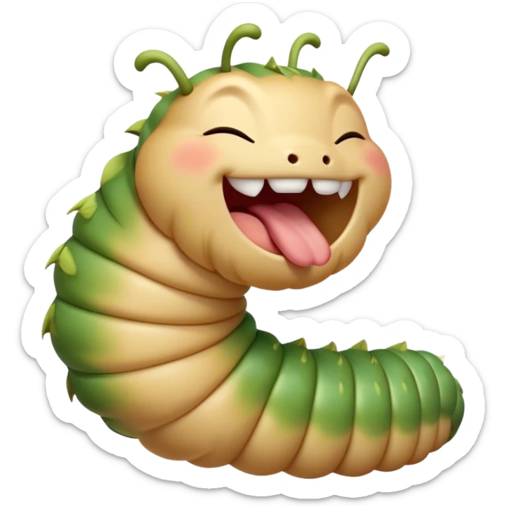 Cinematic Adorable Yawning Caterpillar Portrait Emoji, Head tilted slightly with a dramatic, wide-open yawn, showcasing a plump, segmented body with softly drooping edges and sleepy, half-closed eyes, Simplified yet irresistibly cute features, highly detailed, glowing with a soft, cozy natural glow, high shine, relaxed yet expressive, stylized with a dash of whimsical transformation charm, soft glowing outline, capturing the essence of a drowsy caterpillar that appears ready to stretch and yawn its way out of the screen! sticker