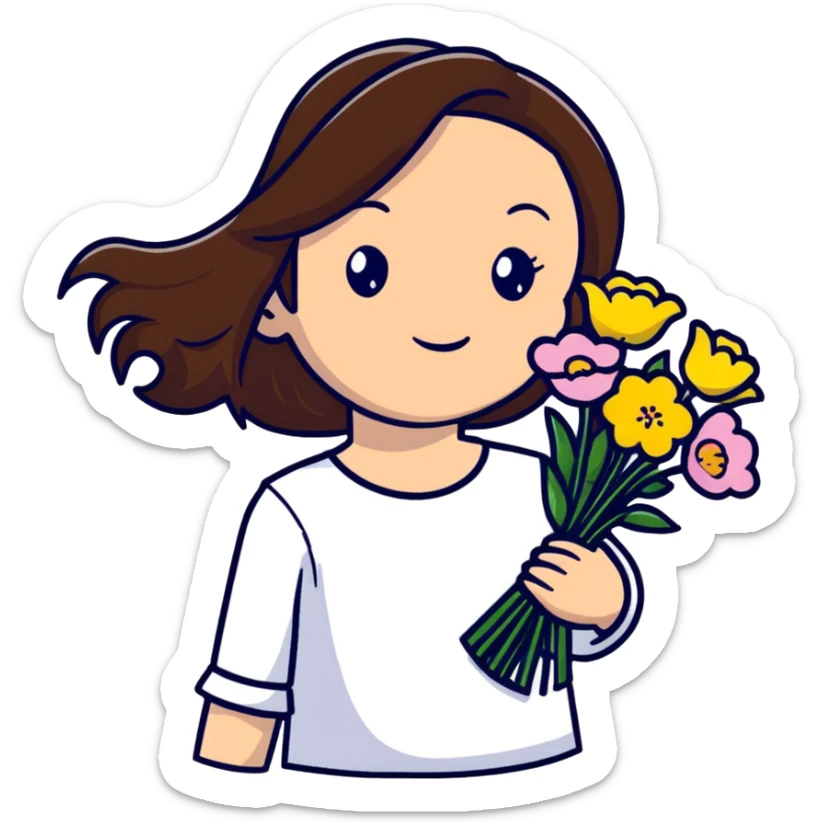 cool girl with long brown hair and fair skin tilting her head to the side while holding a bouquet of flowers sticker