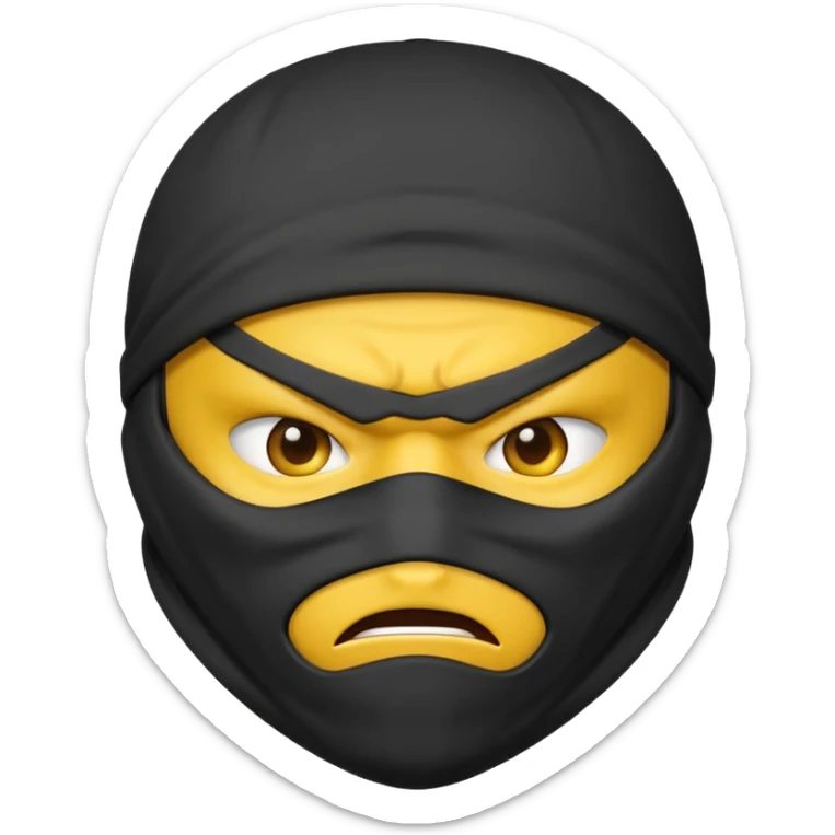 angry ninja face emoji with dark gray ninja mask, no visible skin, classic emoji yellow face sticker