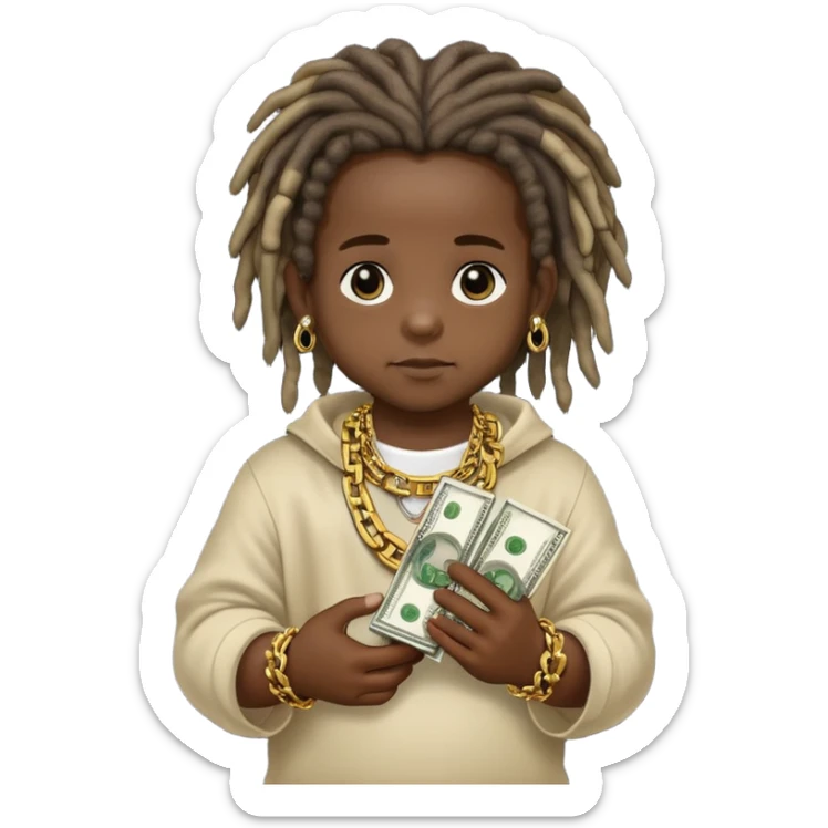 A baby with a lot of money in his hand with dreads and a chain that says MDB around his neck sticker