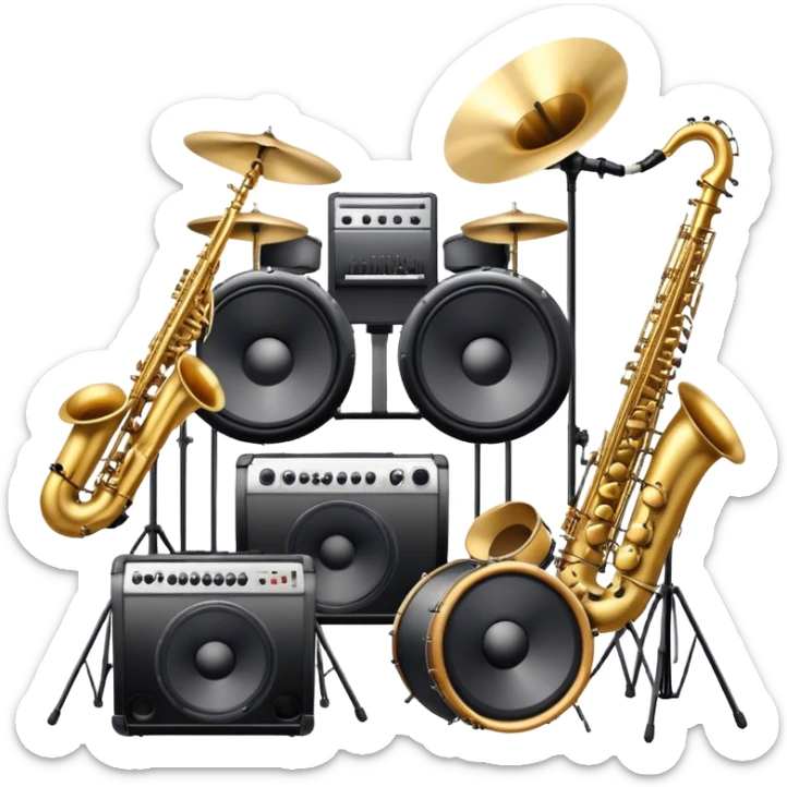 Icon for R&B Music Listening: large concert speakers and headphones with waves of musical notes coming out, along with drum kit, and synthesizer, saxophone and bass guitar. The icon should convey the energetic and rhythmic vibe of R&B music. Transparent background. sticker