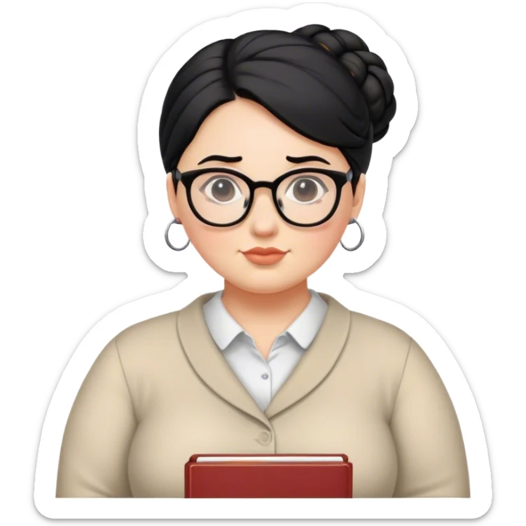 pale chubby female teacher with black hair in a updo bun, wearing glasses sticker