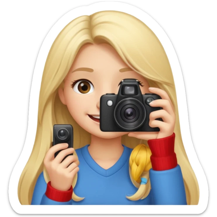 blonde girl photographer cartoon taking picture in middle of taking picture camera in front of face long hair smiling funny sticker