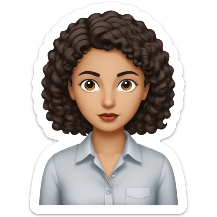 30 yr iranian woman dark brown hair curly wavy short hair, dress shirt, thick eyebrows sticker