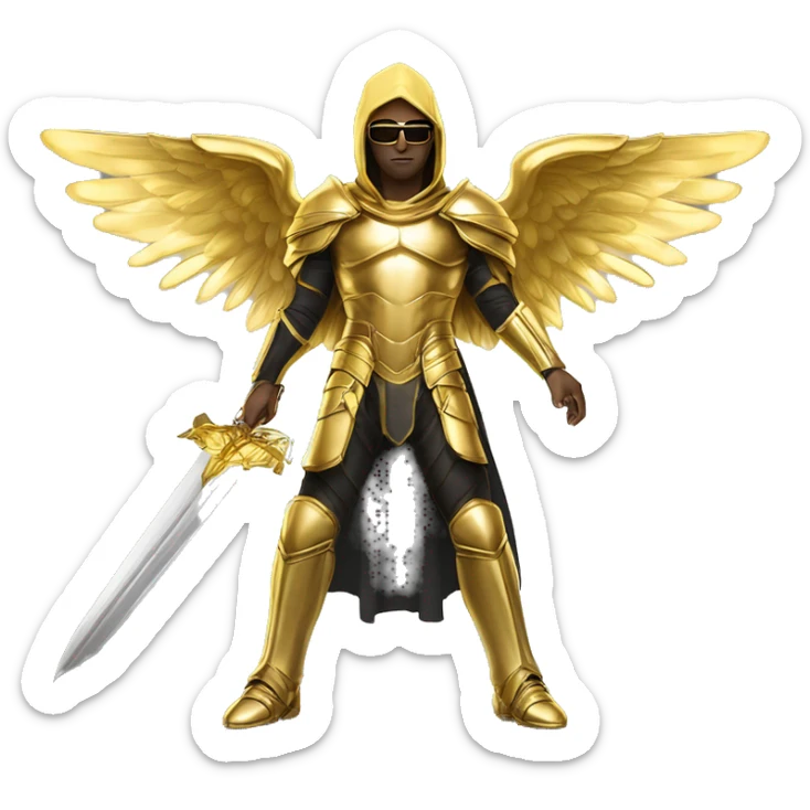 golden archangel, in full growth, with golden wings, black glasses, golden armor, golden swords, in a golden hood, light skin colorglasses, golden armor, golden swords, in a golden hood sticker