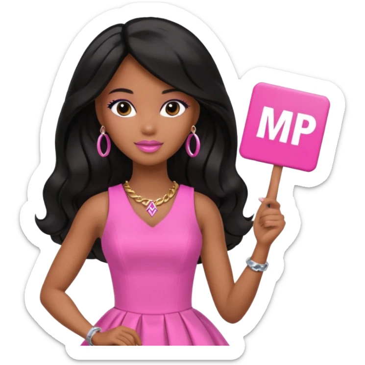 Black barbie, long black  hair, pink dress holding mvp sign  sticker