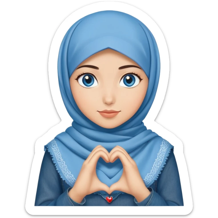 Turkish beautiful finish Konya girl blue eyes with denim hijab islamic dress and making heart with hands sticker