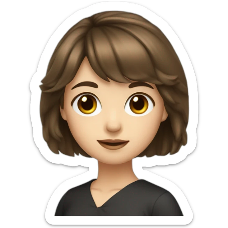 girl middle-length brown hair with bang fair skin brown eye black dress writing coding sticker