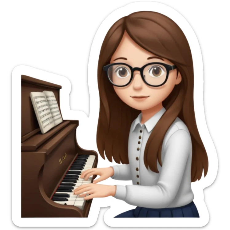girl long brown hair. round glasses eye. playing piano sticker