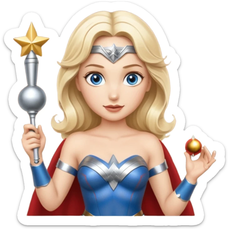 Blonde blue eyes Wonder Woman holding bell and short white orchestra conductor’s baton  sticker