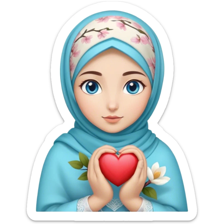 Turkish beautiful finish Konya girl blue eyes with magnolia flower design hijab and hold heart in her hand  sticker