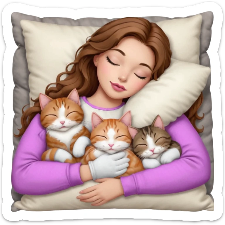 girl with long wavy brown hair, brown eyes, long lashes makeup, sexy pink lips, light to medium complexion,  sleeping on a cozy pillow, with 6 cats: 1 brown and white tabby cat, 1 ginger and white, 2 grey and white, 1 grey with white mittens and small white patch on chest and 1 calico, sleeping sticker