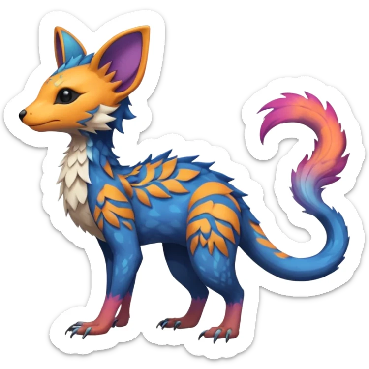 Beautiful pretty cool edgy elegant realistic Feral Rare Fantasy colorful vibrant Vernid-Trico-species-Fakemon-creature by LiLaiRa, random markings, tufted tail, tufted ears, full body sticker
