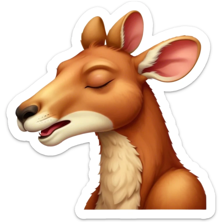 Cinematic Cute Yawning Adult Red Kangaroo Portrait Emoji, Head tilted slightly with a dramatic, wide-open yawn, showcasing a sturdy, reddish form with a distinct camel-shaped head, a relaxed elongated snout, and sleepy, half-closed eyes, Simplified yet irresistibly adorable features, highly detailed, glowing with a soft, cozy outback glow, high shine, relaxed yet expressive, stylized with a dash of whimsical charm, soft glowing outline, capturing the essence of a drowsy yet affectionate kangaroo that appears ready to stretch and yawn its way out of the screen! sticker