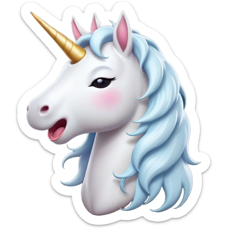 Cinematic Cute Yawning White Unicorn Portrait Emoji, Head tilted slightly with a dramatic, wide-open yawn, showcasing a softly elegant form with a gently cascading mane, a subtly glowing horn and sleepy, half-closed eyes, Simplified yet irresistibly adorable features, highly detailed, glowing with a soft, cozy magical glow, high shine, relaxed yet expressive, stylized with a dash of whimsical enchantment, soft glowing outline, capturing the essence of a drowsy yet affectionate white unicorn that appears ready to stretch and yawn its way out of the screen! sticker