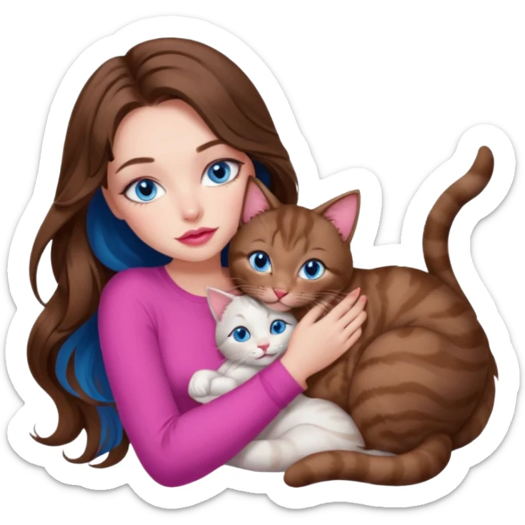girl with long wavy brown hair, blue eyes, long lashes makeup, sexy pink lips, cuddling with 6 cats sticker