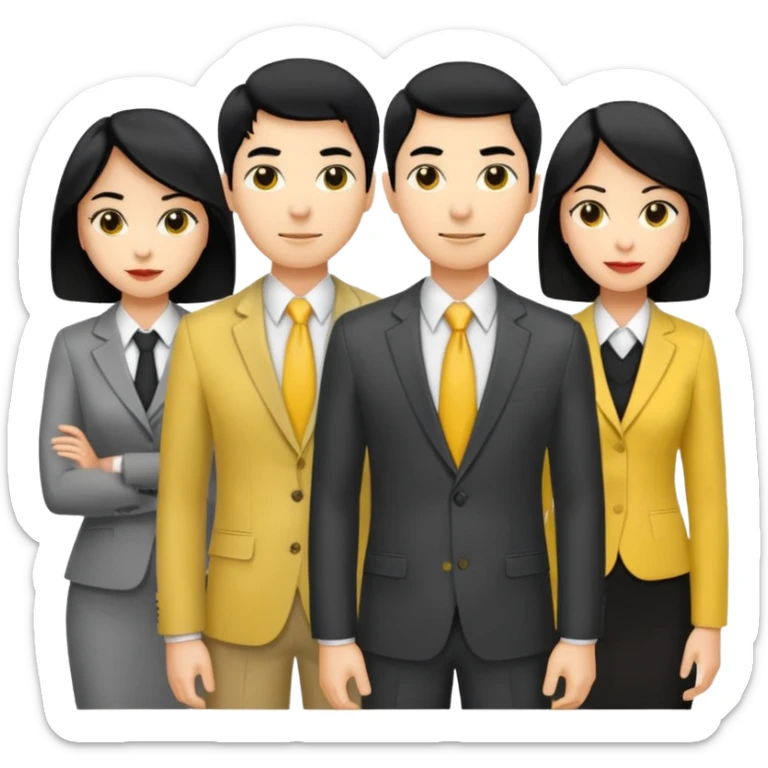 4 people, two man and two women,yellow skin office style,black hair, Half-body photo sticker