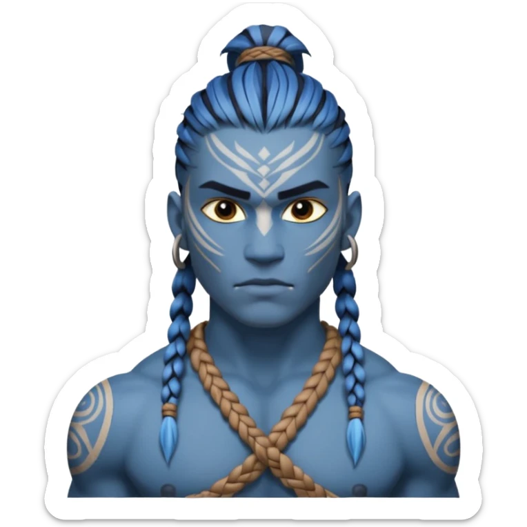 Design a Na’vi male with blue skin, tribal markings, braided hair, sharp eyes & a warrior look. sticker