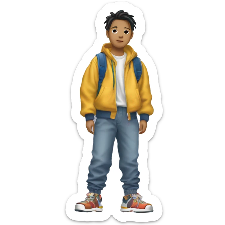 Japanese 2000s fashion on 4 boys, head to toe (wearing baggy clothes, and colourful clothing with a lot of accessories and platform shoes or sandals) sticker