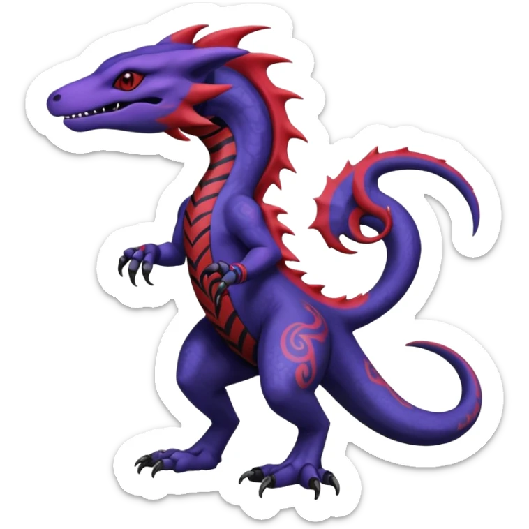 Rare warm-colored exotic gloomy tropical edgy cute epic aesthetic spooky indigo purple white black red gothic colorful Salandit-charmeleon-sergal-species-Fakemon-hybrid-creature, with tribal tattoo markings, full body sticker