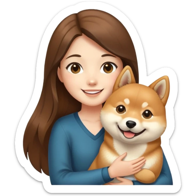 Brunette girl with long hair holding a smile Shiba Inu sticker