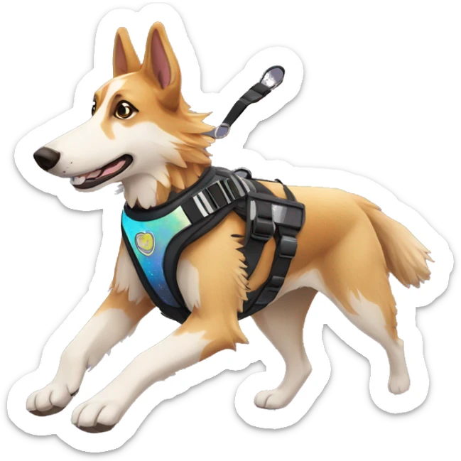 Fluffy dog saluki German shepherd husky with tattoos and holographic harness running sticker