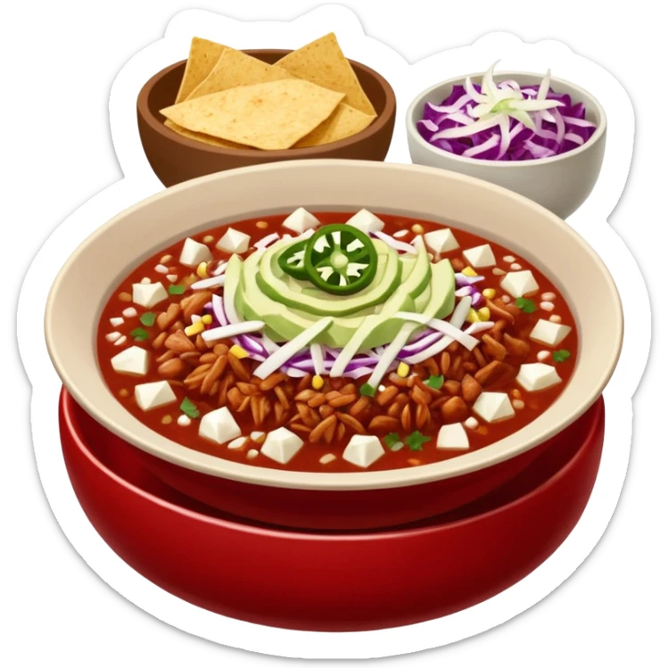 A delicious hot bowl of pozole rojo with sides next to the bowl in separate bowls each: chopped onions, shredded cabbage, lime wedges, red chile de arbol salsa, and full round tostadas sticker