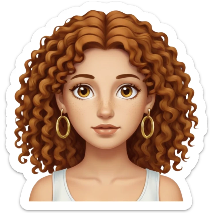 Attractive Greek woman with a wide face, freckles, long curly amber-brown hair and gold hoop earrings sticker