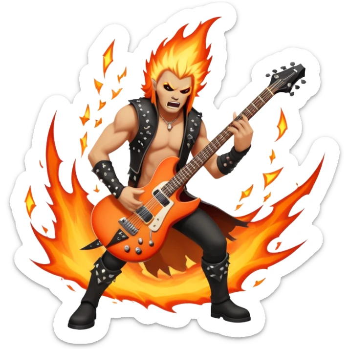 An icon showing a rock musician wielding a guitar in an epic battle, inspired by Brutal Legend. The design features fiery backgrounds, musical notes floating in the air, and electrifying stage lights, capturing the power of music and combat. Transparent background highlights the energy. sticker