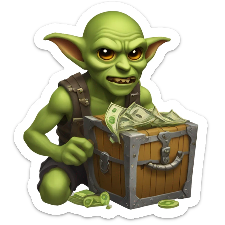 Loot goblin with dollar signs in eyes, with loot chest full of loot sticker