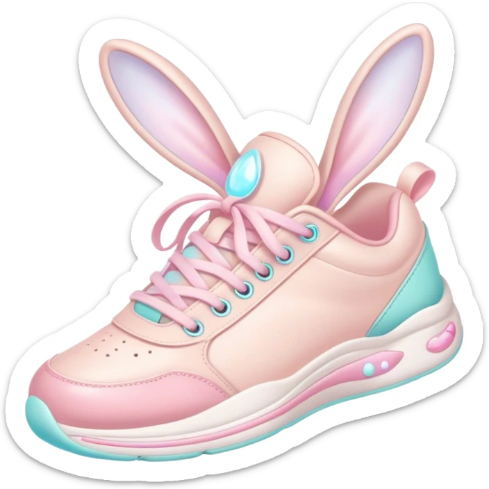 Cute Kawaii Shoe, small and bouncy, soft pastel sneakers with glowing highlights, cute sparkling eyes, a happy cheerful expression, laces tied like bunny ears! sticker