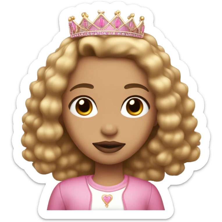 Long straight with curles in the end Light brown hair with blonde highlights female and light skin with brown eyes wearing a crown with baby pink lipstick sticker