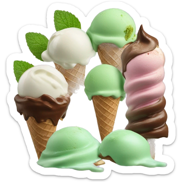 Pistachio ice cream, mint chocolate ice cream, and bubble gum ice cream scoops in a lavish display sticker