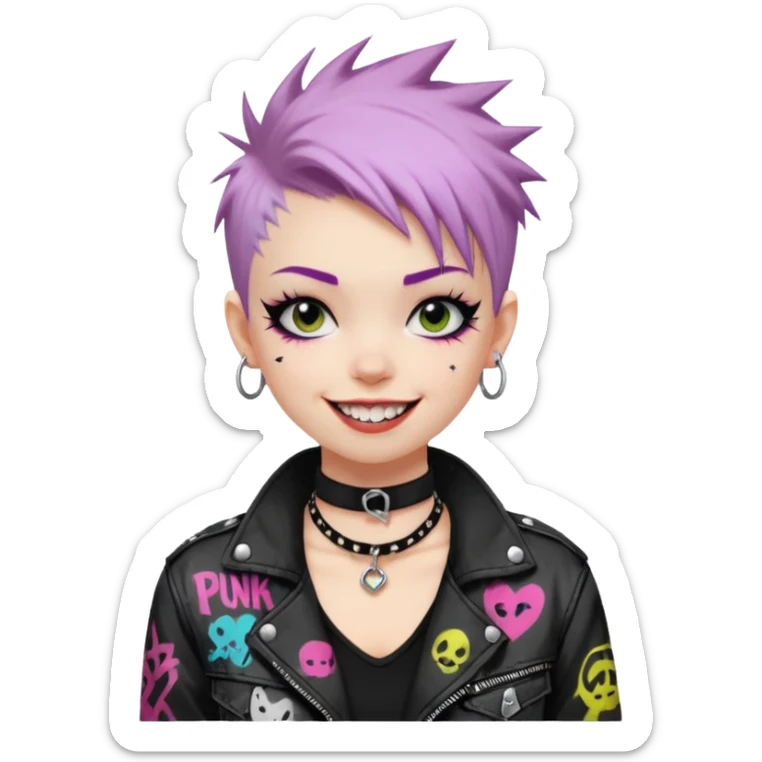 a punk girl with short dyed hair and wear a punk graffiti jacket with black choker grin playfully  sticker