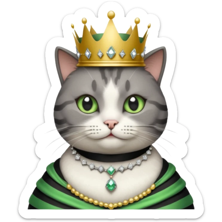 Gatito gris oscura con rayas negras ojos verdes vestida de reina con coronas y diamantes, más peluda y gordura  sticker