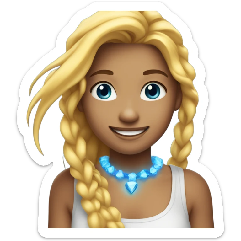 A cheerful teenage girl with long yellow hair, wearing a white sleeveless shirt and a glowing blue necklace while smiling sticker