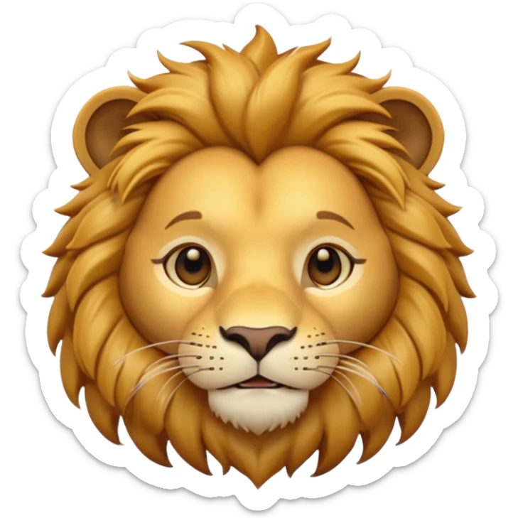 A 3D cartoon lion face close-up with fine whiskers and golden fur detail, soft natural light, strong majestic look, Memoji-style realism. sticker
