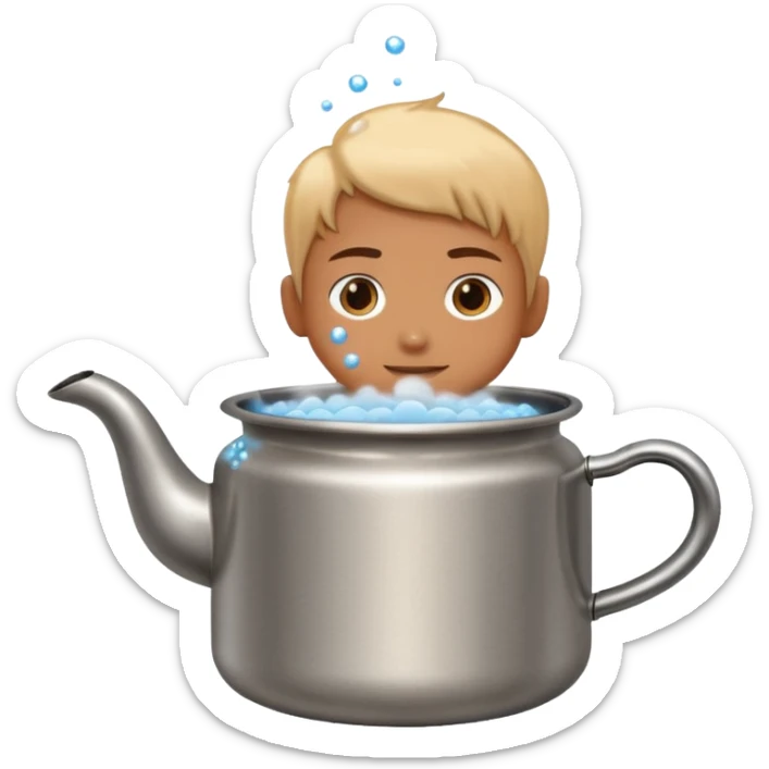 small metal pot filled with boiling water on a stove, visible hot steam and rising bubbles, realistic heat effect, shiny pot surface, bright lighting, clean white background sticker