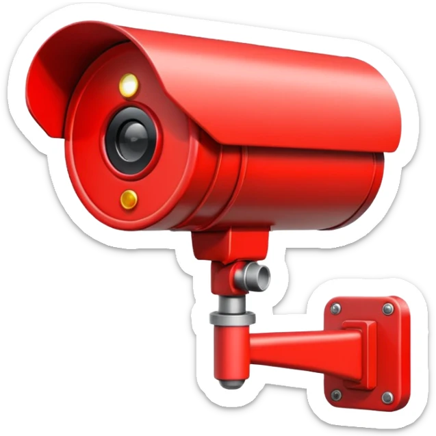 Minimalist emoji-style sticker of a CCTV camera with a glowing red record light, facing forward. Flat icon, grayscale with small red accent.
 sticker