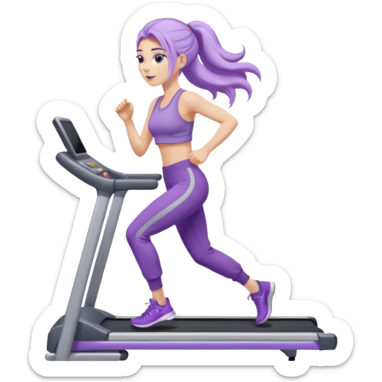 Девушка белокожая на беговой дорожке, с длинными светло-лиловыми волосами, в лиловом топе, в серых спортивных штанах, с черными ресницами sticker