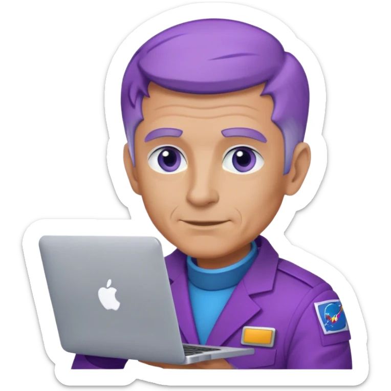 older dude astronaut with purple suit, blue eyes, short purple hair and one macbook sticker