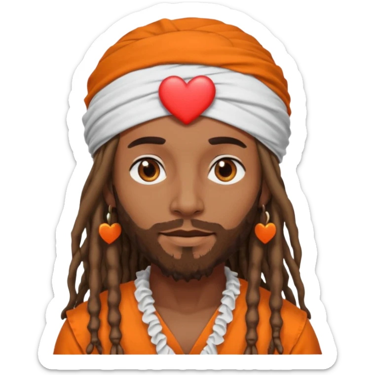 Brownskin man with long dreadlocks orange shirt add white ruffled turban with heart eyes sticker