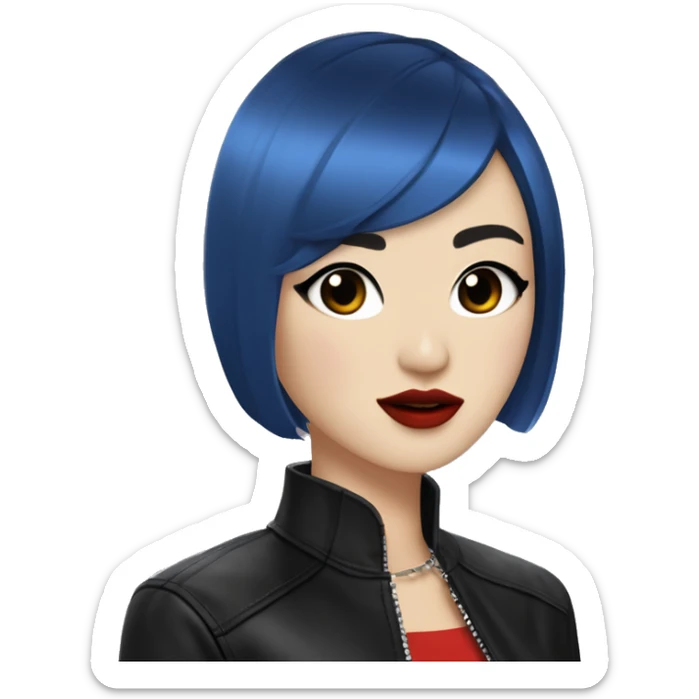 Dani Kim A Korean-white woman with short blue asymmetric bobbed hair, rounded heart-shaped face, red lipstick, black eyeliner and mascara wings, and black choker collar, earings,  light freckles, asian features, leather jacket and band t-shirt sticker
