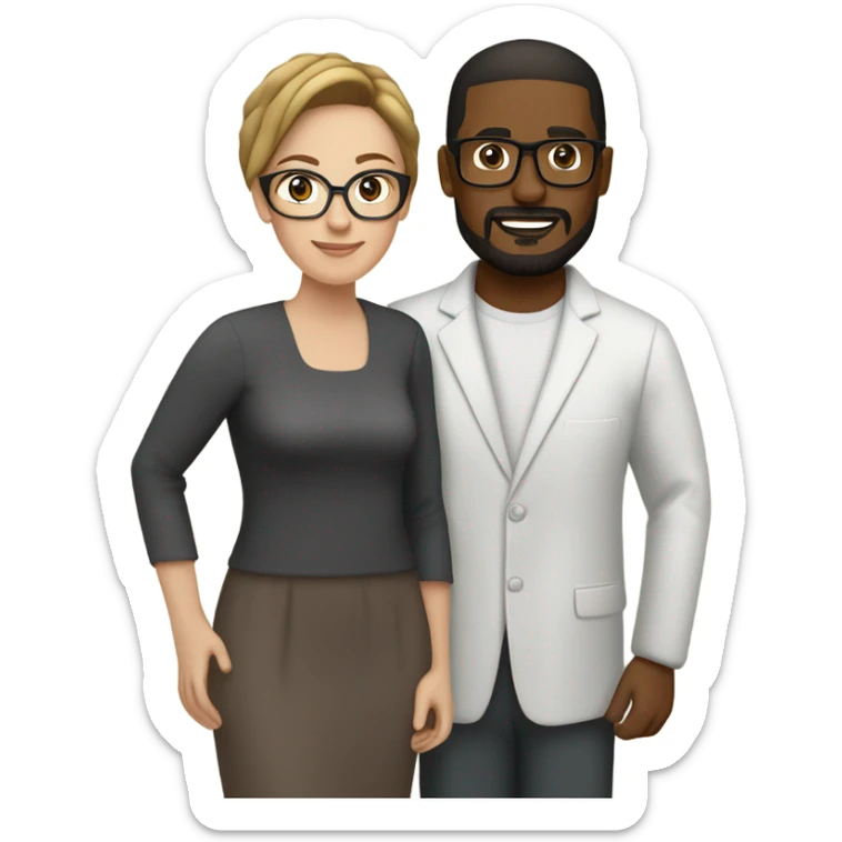 Mixed race couple, white wife with dark brown hair and glasses and honey-brown eyes, black husband with goat tee and glasses sticker