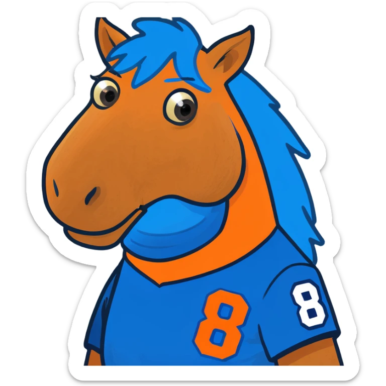 A horse playing football wearing blue and orange with the jersey number 88 sticker