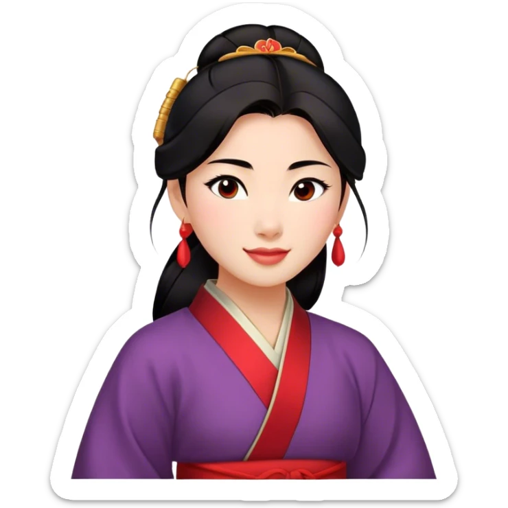 Cinematic Radiant Mulan Portrait Emoji, rendered in a realistic, vector-style with clean proportions. Show Mulan with a soft, confident smile, warm skin, and expressive eyes, her dark hair styled simply, and dressed in traditional clothing with understated red accents. The image radiates a gentle, luminous glow and high shine, accentuated by a soft glowing outline. sticker