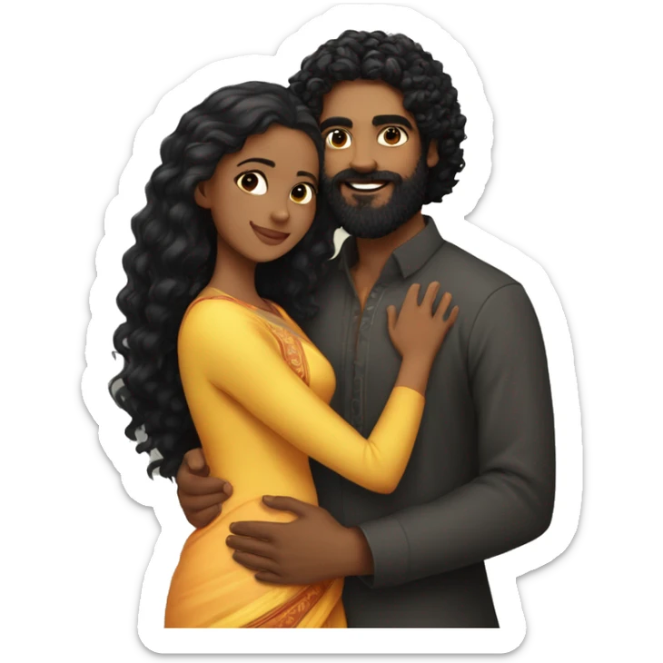 Light skin;Black long hair girl  in a saree hugging with a man with black beard and curly hair on top sticker