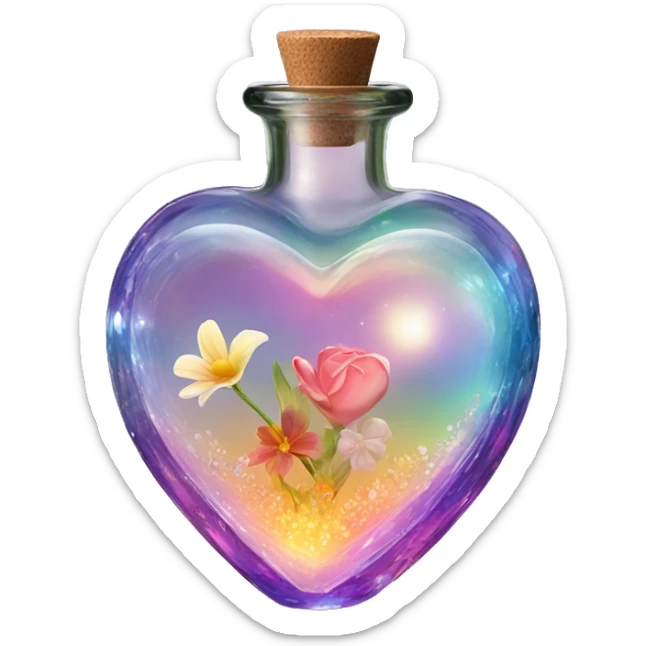 Antique oil heart bottle made of crystal glass of all gentle colors of the light rainbow, a living flower fairy sits at the bottom of the bottle sticker