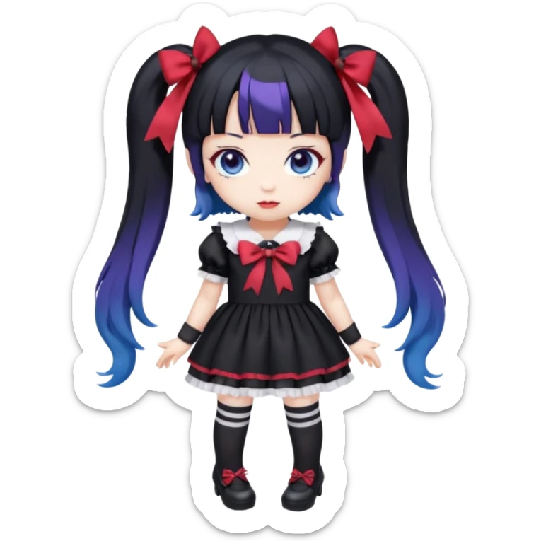 Chibi kawaii Kuromi, violet eyes, black-blue twin tails, red ribbons, red beanie, black & white lolita dress with red accents, white thigh-highs, black mary janes, cute aesthetic. sticker