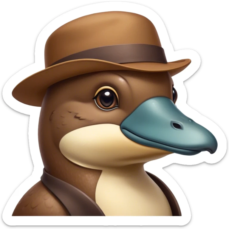 Cinematic Noble Platypus Portrait Emoji, Poised and regal, with a uniquely streamlined build and a sleek, well-groomed brown fur, a distinctive flat duckbill and broad, beaver-like tail, deep-set soulful eyes full of wonder, Simplified yet sharp and sophisticated features, highly detailed, glowing with a soft, dignified glow, high shine, intelligent and enigmatic, stylized with an air of aquatic curiosity, focused and attentive, soft glowing outline, capturing the essence of a watchful and confident oddity, so majestic it feels as though it could glide out of the screen with effortless authority! sticker